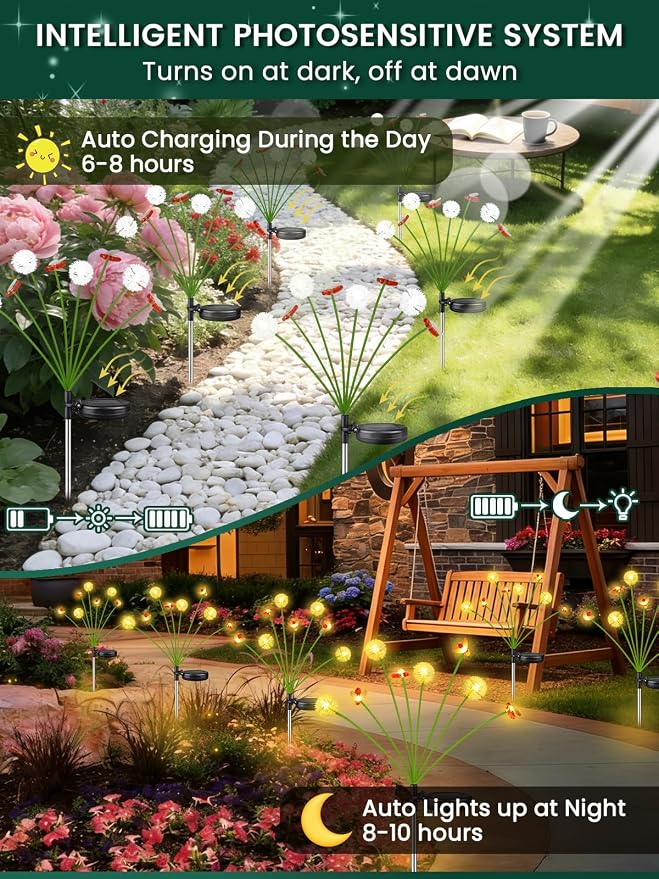 Solar Garden Lights Outdoor, 4 Pack 32 LED, Solar Swaying Dandelion Bee Lights - Image 4
