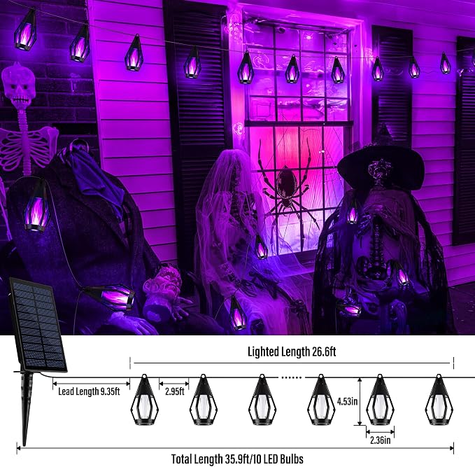 iBaycon Solar Halloween Lights, 27Ft 10 LED Bulbs Flickering Flame String Light - Image 3