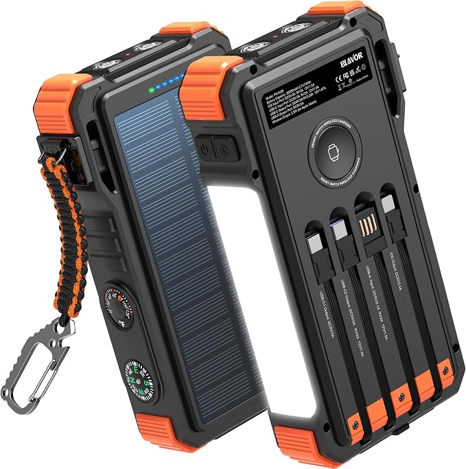 BLAVOR Solar Power Bank 20000mAh Built-in Cables, Wireless Charger by BLAVOR