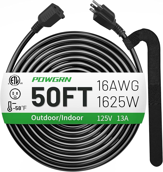 POWGRN 50 FT 16/3 Black Indoor Outdoor Extension Cord Waterproof, 3 Prong by POWGRN