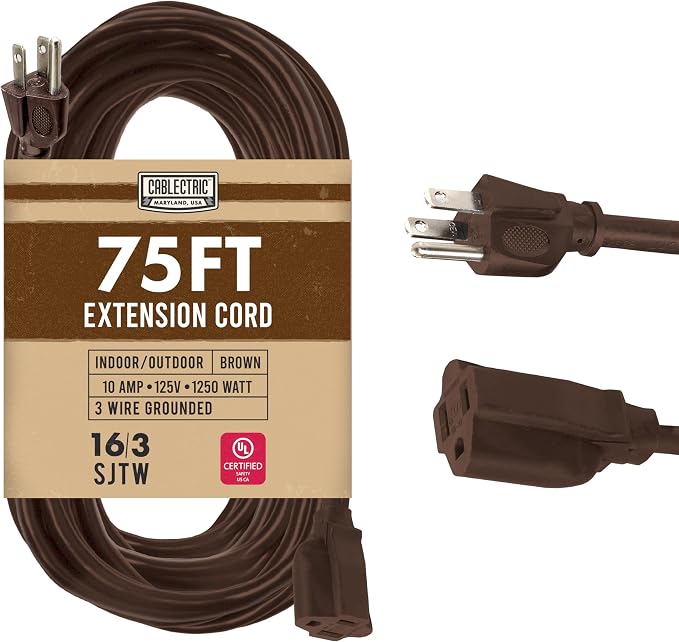 Brown Outdoor Extension Cord 75 ft, 16/3 Heavy Duty Cable by Cablectric