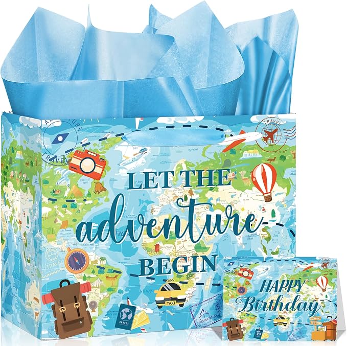 Travel World Map Birthday Gift Bag Double-Sided Let the Adventure Begin Gift by Innovoscape