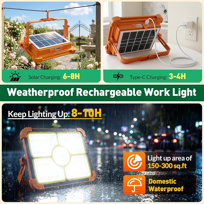 2-Pack Solar Rechargeable Work Light, 12000LM Portable Work Light - Image 5