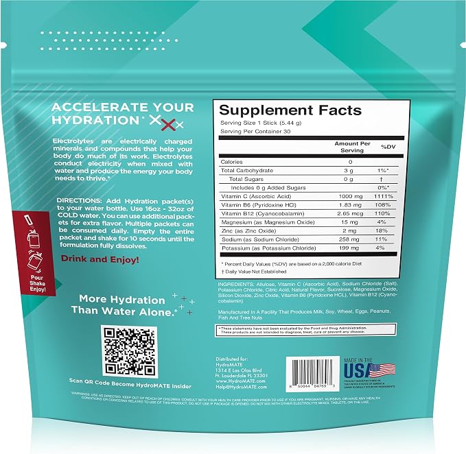 Electrolyte Powder Sugar-Free Hydration Packets Black Cherry HydroMATE 30 Sticks - Image 4