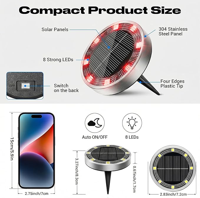 Peasur Mini Solar Ground Lights Outdoor, 4 Pack Flat Solar Powered Disc Lights - Image 5