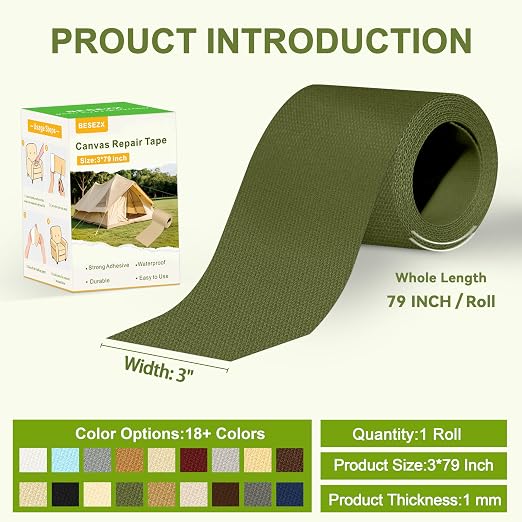 Besezx Canvas Repair Tape, Outdoor Gear Patch, 3x79 Inches, Waterproof - Image 2