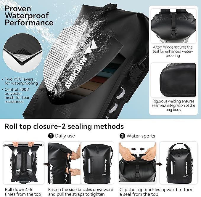 MARCHWAY Roll Top Waterproof Backpack, Floating Dry Bag 20L/30L/45L - Image 4