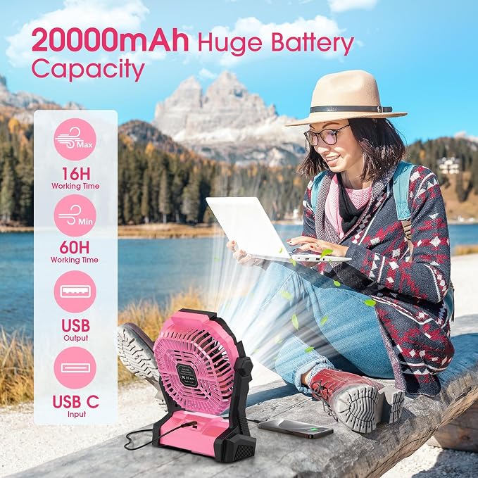 ONLYNEW Portable Fan Rechargeable, 20000mAh Cordless Battery Powered Table Fan - Image 2