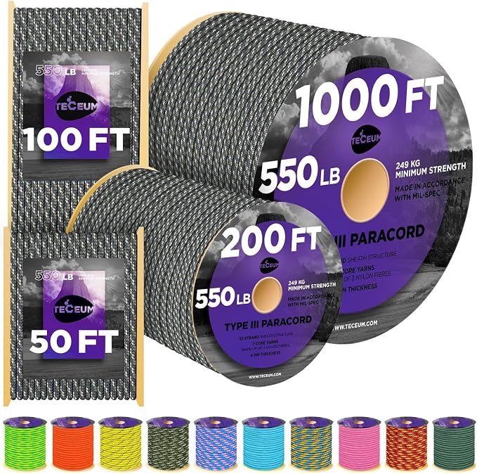 TECEUM Reflective Paracord Rope 1000 – 1000ft/200ft/100ft/50ft – 40+ Colors – by TECEUM