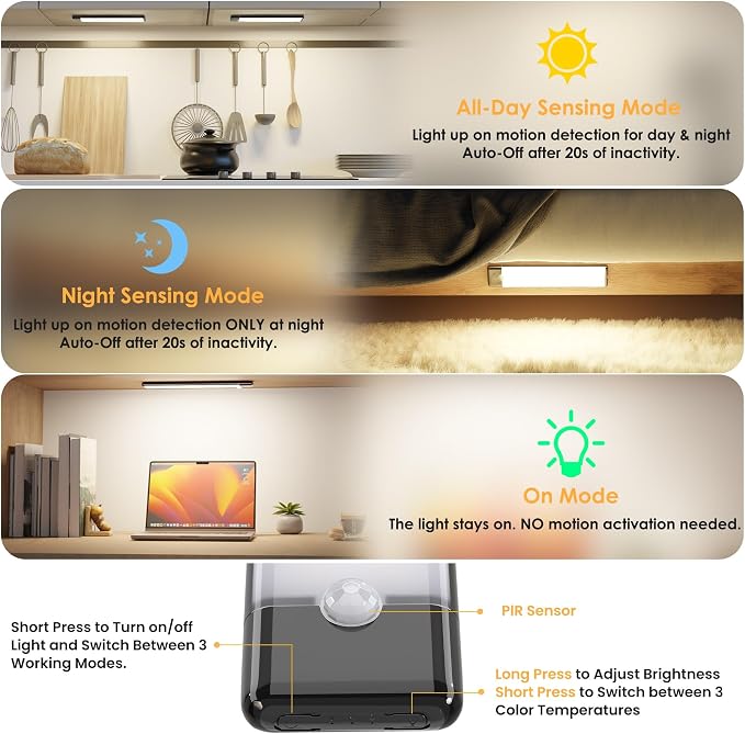 5-Pack Motion Sensor Under Cabinet Light, 3 Color Temperature Dimmable - Image 3