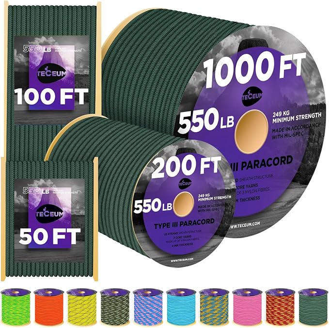 TECEUM Reflective Paracord Rope 1000 – 1000ft/200ft/100ft/50ft – 40+ Colors – by TECEUM
