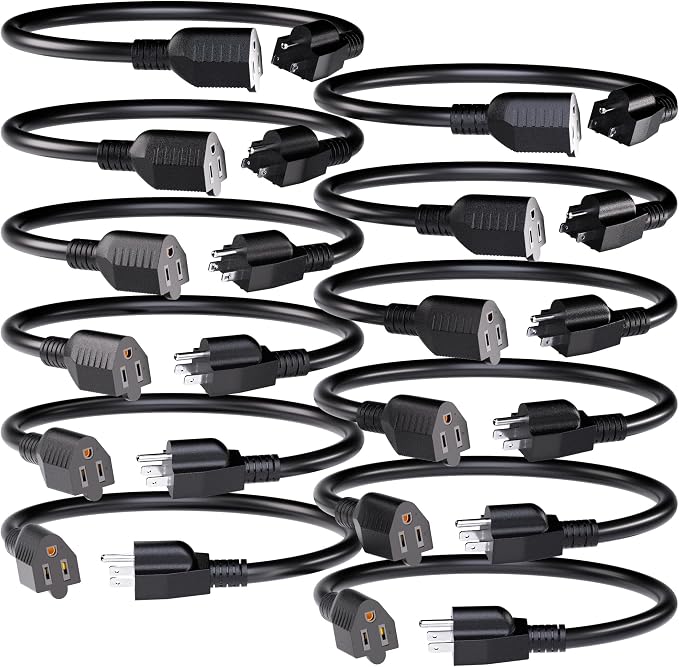 12 Pack Short Extension Cord 1 Foot Black, 16/3 Gauge Indoor Power Extension by POWGRN