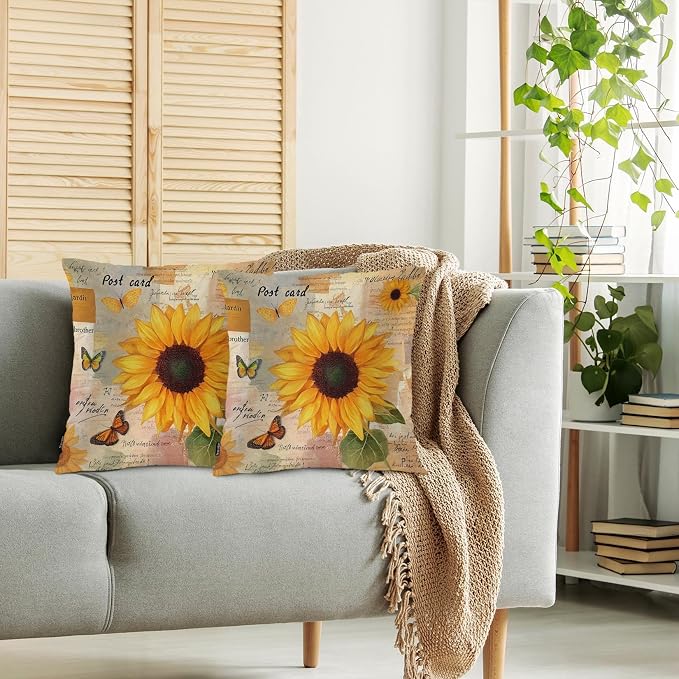 Swono Sunflower Set of 2 Decorative Throw Pillow Covers Cushion Case, Vintage - Image 2
