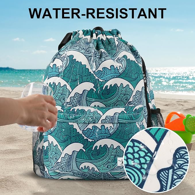 Drawstring Backpack with Mesh Pockets String Gym Bag Sackpack Sandproof Water - Image 3