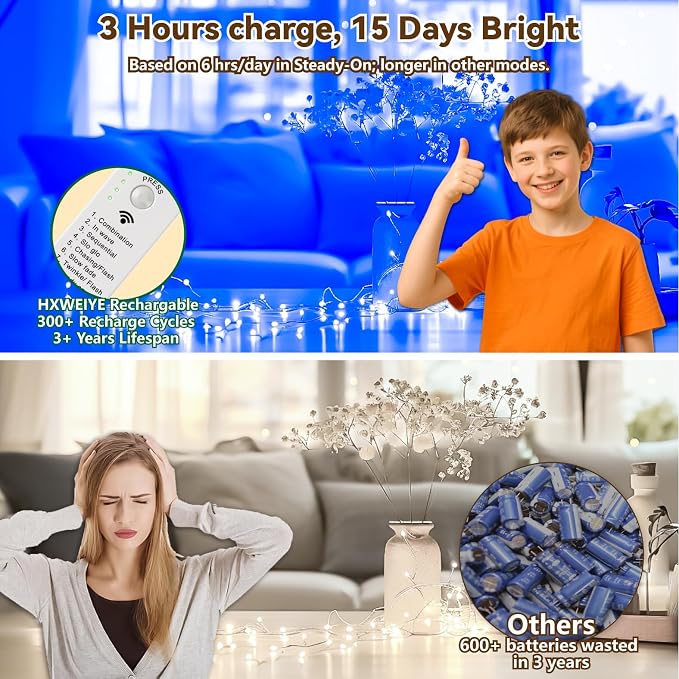 HXWEIYE Rechargeable Fairy Lights Battery Operated, DIY Timer & 8 Modes - Image 3