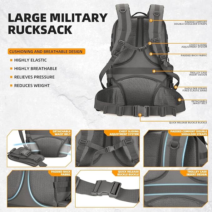 50L Military Tactical Backpack 3 Day Assault Pack Molle Daypack Hiking Backpack - Image 4