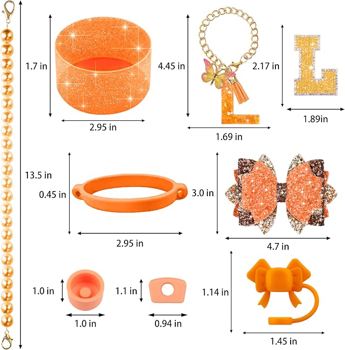 9PCS Orange for Stanley Cup Accessories Set Bling Initials Bow Charms for - Image 3