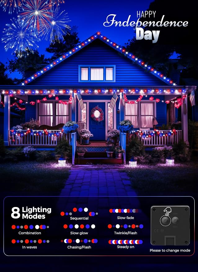 Minetom Red White Blue Lights, Waterproof Solar String Lights Outdoor, Solar - Image 6