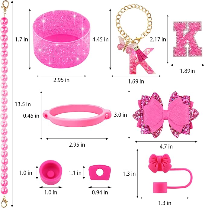 9PCS Hot Pink for Stanley Cup Accessories Set Bling Initials Bow Charms for - Image 3