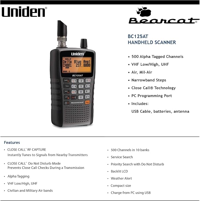 Uniden Bearcat BC125AT Handheld Scanner, 500-Alpha-Tagged Channels, Close Call - Image 4