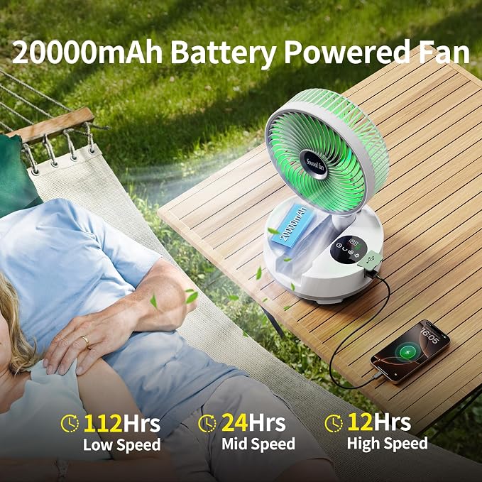 Socool 20000mAh 8" Portable Fan Battery Operated Fans, Oscillating Charging Fan - Image 2