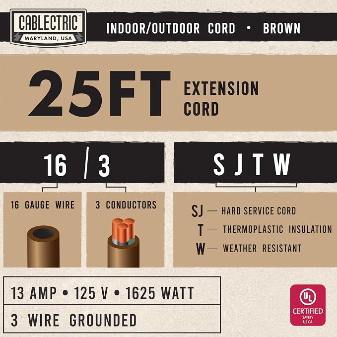 Brown Outdoor Extension Cord 25 ft, 16/3 Heavy Duty Cable - Image 2