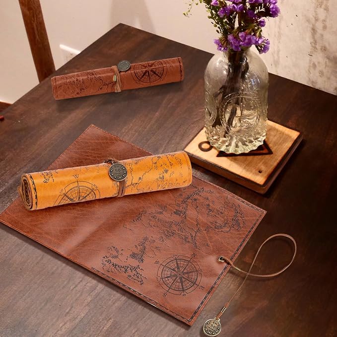 4 Pieces Leather Pencil Case, Creative Map Rollup Pencil Bag, Vintage Makeup - Image 7