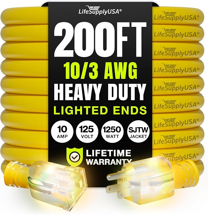 200ft Outdoor/Indoor Extension Cord 10/3 Gauge Ultra Heavy Duty 3 Prong SJTW by LifeSupplyUSA