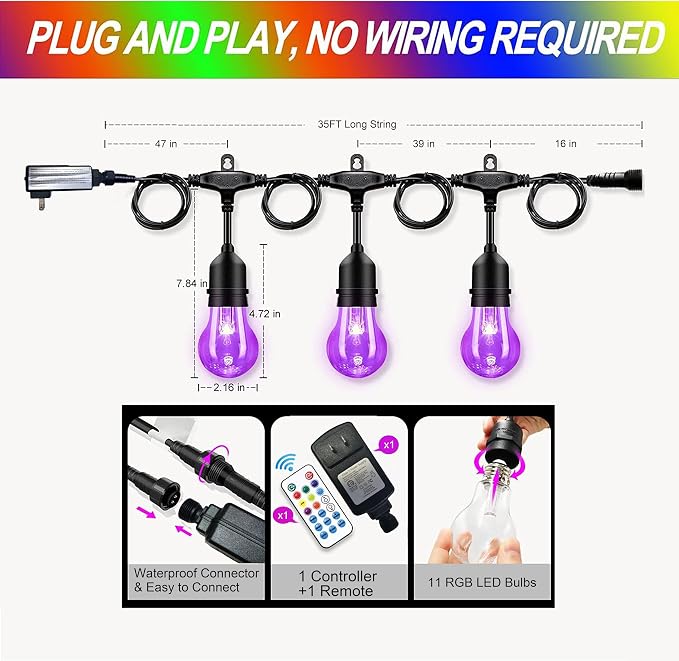 35FT Outdoor String Lights, 16 Shatterproof Edison Bulbs, Dimmable RGB Color - Image 5