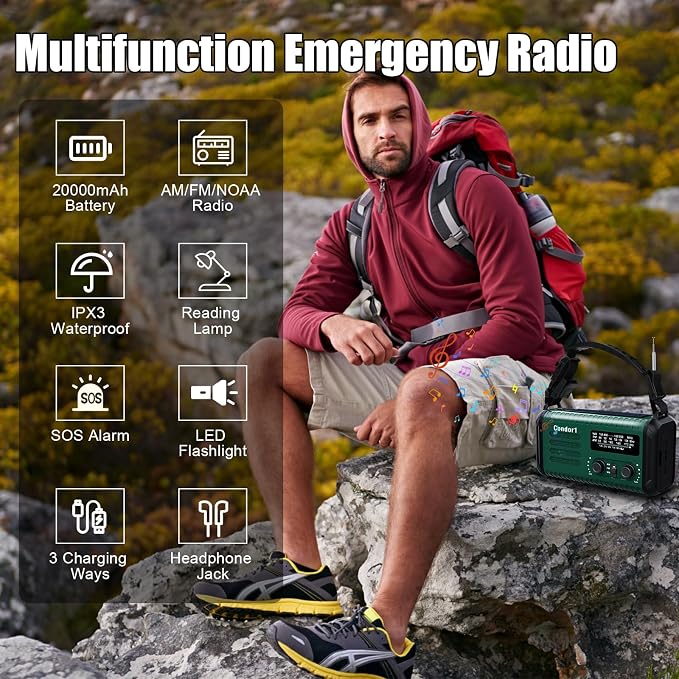 NOAA Weather Radio 20000mAh Battery Powered｜Solar Hand Crank Emergency Radio - Image 7