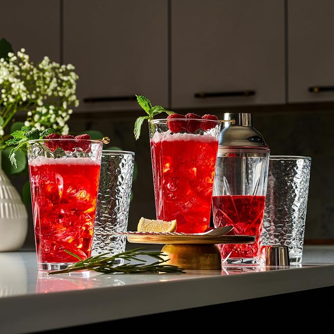 Set of 10 Hammered Glass Cups, 16oz. Dishwasher Safe Cocktail Drinking Glasses - Image 3