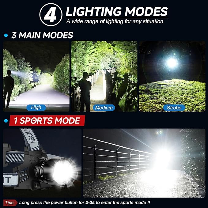 NiaoChao 2Pack Headlamp Rechargeable, 99000 LM Super Bright LED Head Lamp - Image 4
