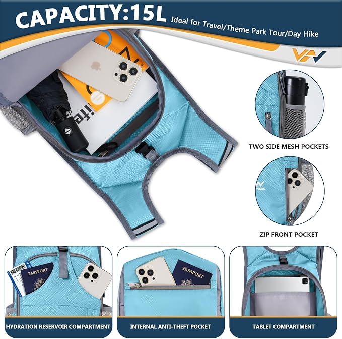 15L Foldable Hiking Backpack, Lightweight Packable Waterproof Machine Washable - Image 5