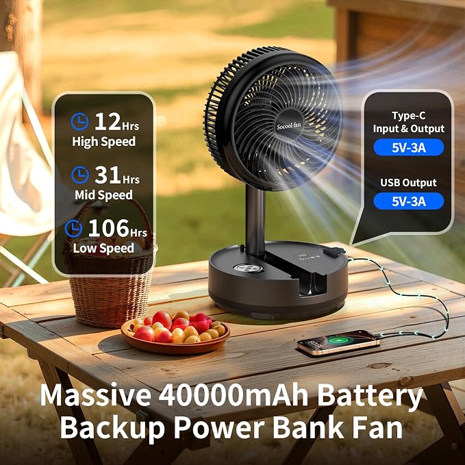 Socool 40000mAh Portable Fan Foldable Battery Rechargeable - Image 2