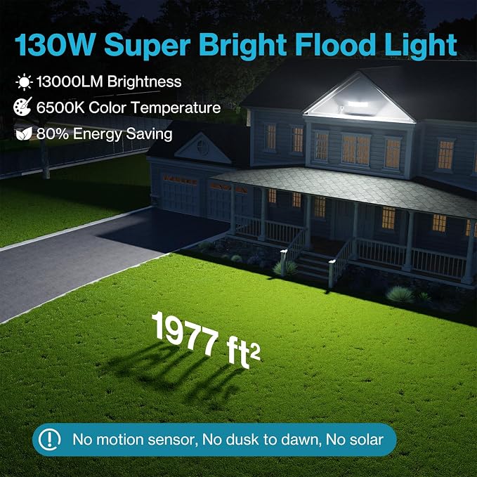 Olafus 130W Flood Lights Outdoor Plug in, 13000LM LED Security Light, 6500K - Image 3
