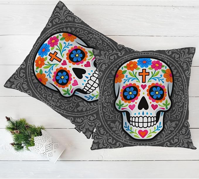 Swono Sugar Skull Set of 2 Square 18x18 Inch Throw Pillow Cover Mexican Day of - Image 5