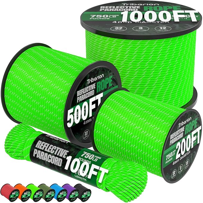 Reflective Paracord Rope 750 lb - 500ft 5/32" Parachute Cord 4MM 12-Strand para by Triberion