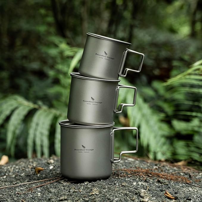 iBasingo Titanium Cup Set with Lid Foldable Handle Single-walled Camping Mug - Image 8