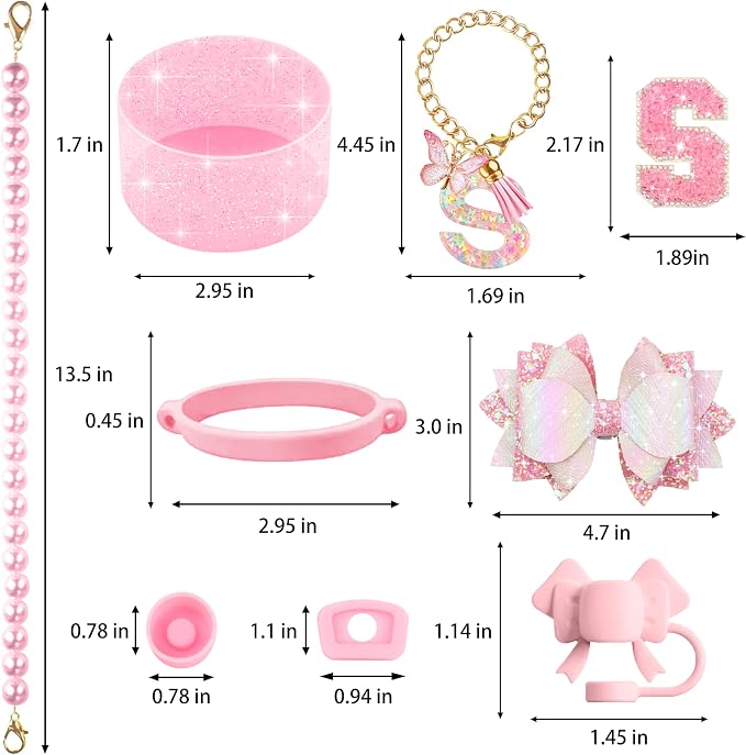 9PCS Pink for Stanley Cup Accessories Set 30/40 Oz Bling Initials Bow Charms - Image 3