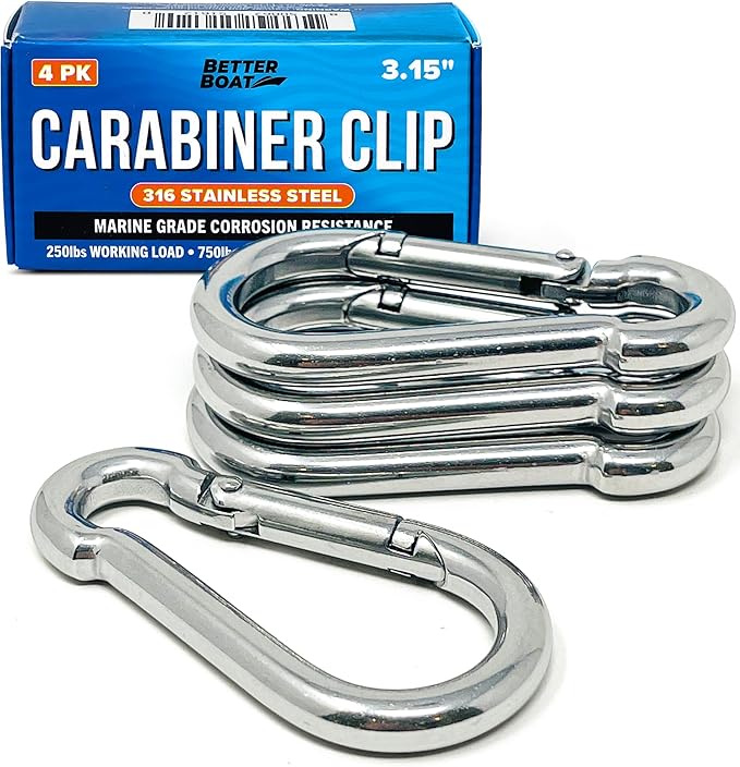 Stainless Steel Carabiner Clip, 4 Pack, 316 Marine Grade, Heavy Duty Spring by BetterBoat