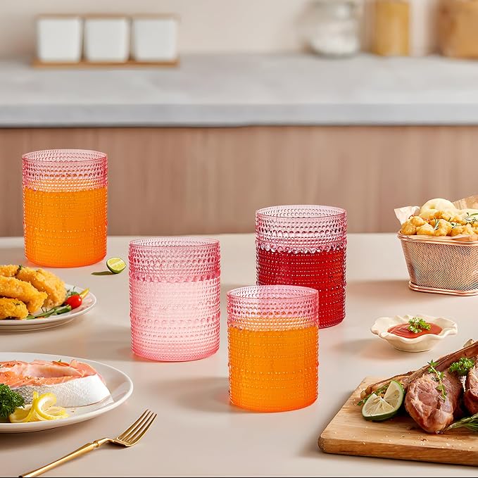 YOUBET 24PCS Plastic Drinking Glasses - 14OZ Pink Hobnail Drinkware Glasses - - Image 7