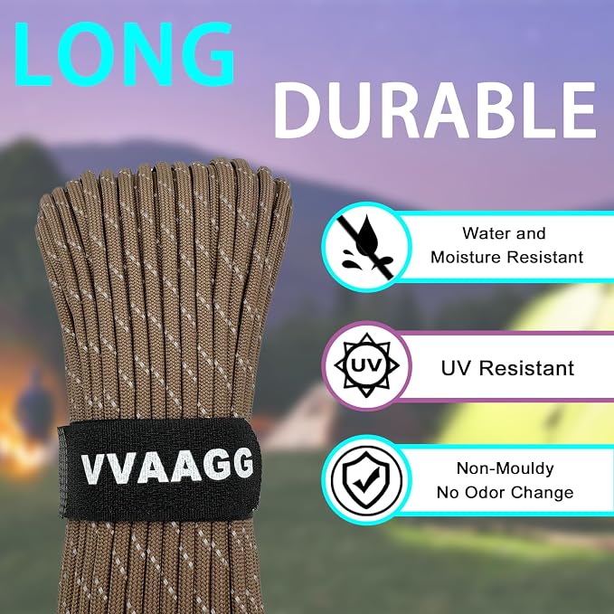 VVAAGG Reflective Paracord Rope 100FT, 7 Strand Nylon para Cord Lanyard Utility - Image 2