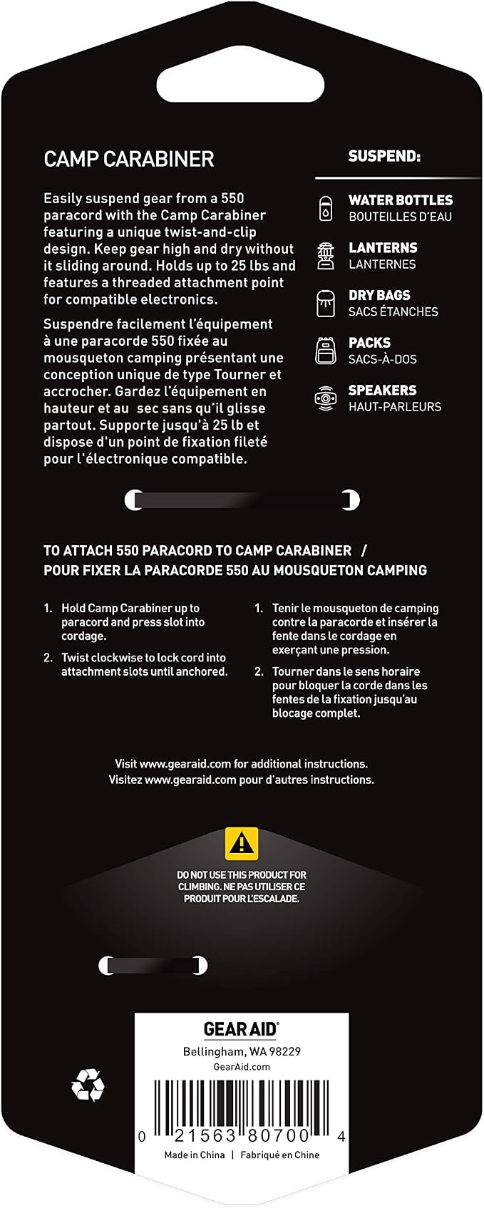 GEAR AID Camp Carabiner for Hanging Camping Towels, Speaker on a 550 Paracord - Image 3