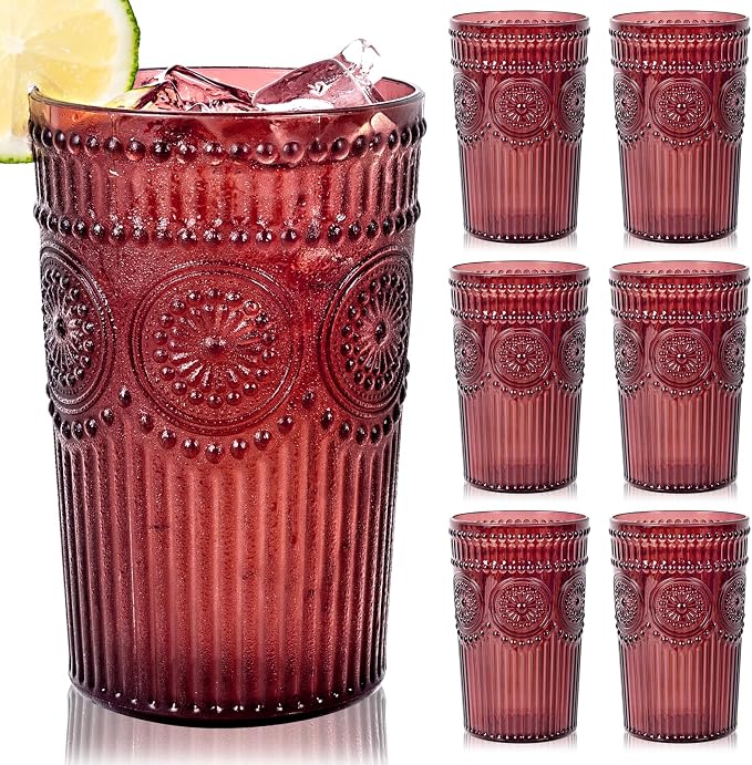 Ciaell 12 Pack Romantic Plastic Water Glasses - 14 Oz Burgundy Vintage Drinking by Ciaell