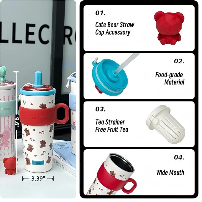 21oz Cute Bear Car Cup with Straw & Cap, Leak-Proof Portable Mug with Tea - Image 7