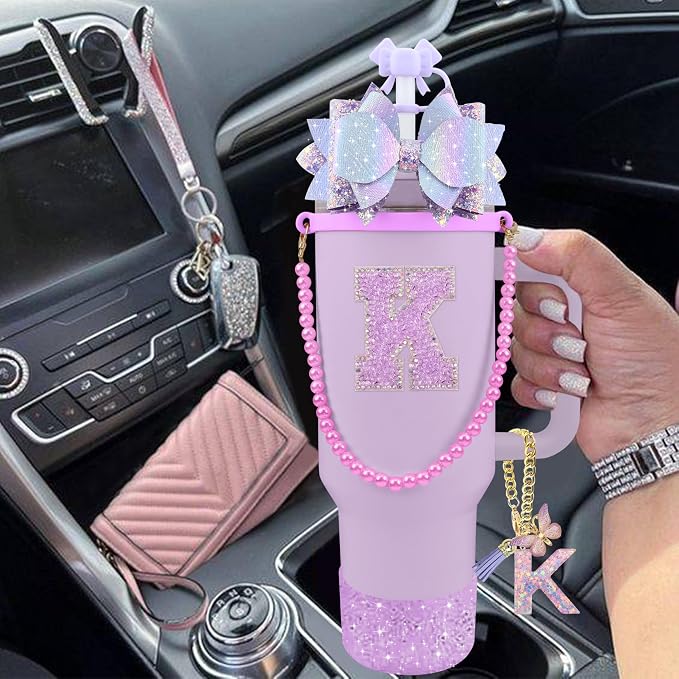 9PCS Purple for Stanley Cup Accessories Set Bling Initials Bow Charms for - Image 6