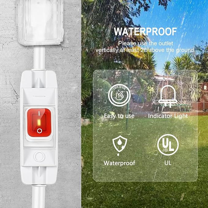 Extension Cord with Switch On/Off Waterproof Switch 10Ft No Plugging and - Image 3