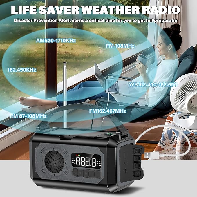 12000mAh Emergency Weather Radio, Hand Crank Solar Radio Portable AM/FM/NOAA - Image 4