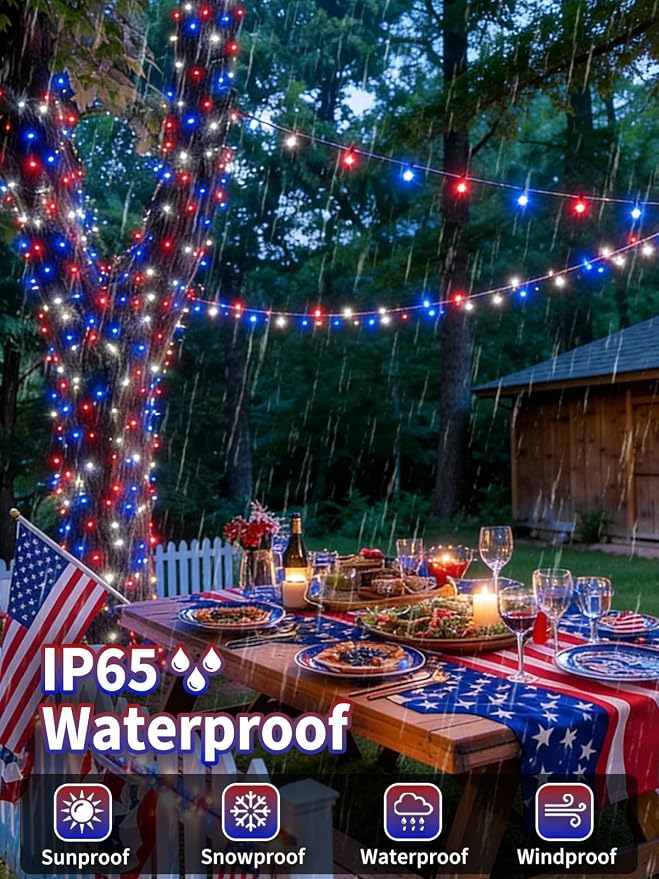2 Pack 200 LED Red White and Blue Solar String Lights Outdoor Waterproof - Image 5
