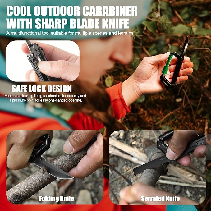 Carabiner Multitool with Pocket Knives, EDC Carabiners, Serrated Knife - Image 4